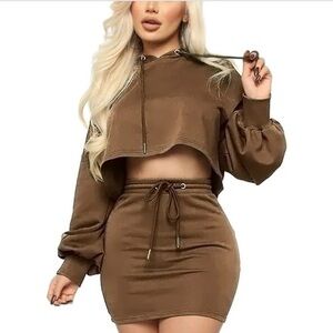 110- BROWN Hooded Crop Top & Banded Skirt 2 Piece Lounge Set